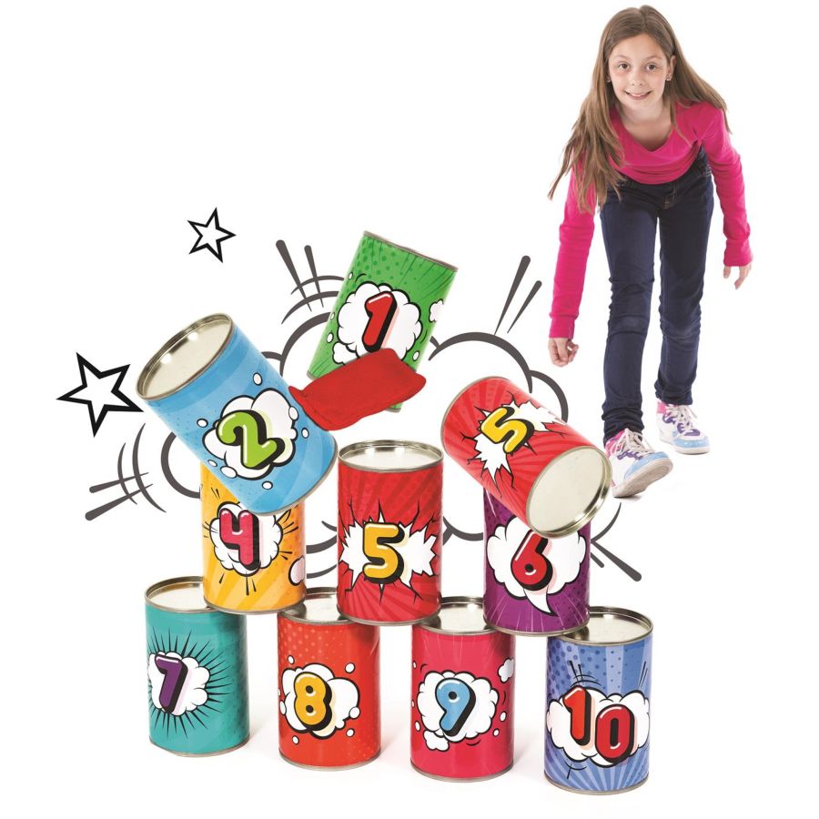 Relaxdays Chamboule-tout pour enfants, intérieur et extérieur, 10 boites de  conserve et 3 sacs à lancer, multicolore