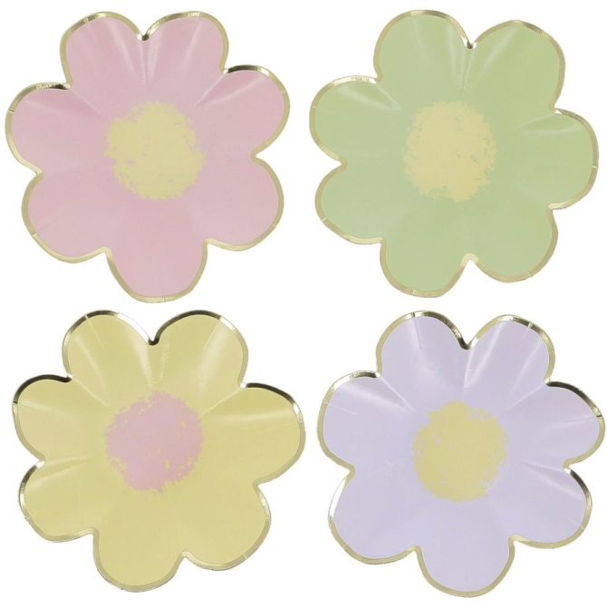 8 Petites Assiettes Fleurs Lilas,  Rose,  Jaune,  Vert et Or 