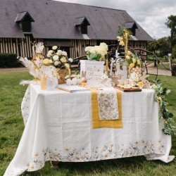 Nappe Daisy Ocre,  Blanc et Vert - Tissu. n1