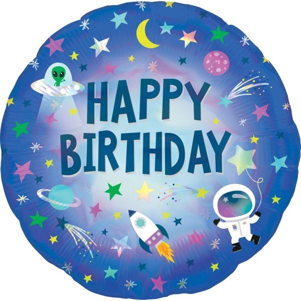 Ballon  plat Happy Birthday Espace Holographique - 45 cm 