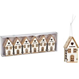 Set de 6 Pendentifs de Nol Maison 7 cm - En Bois Blanc